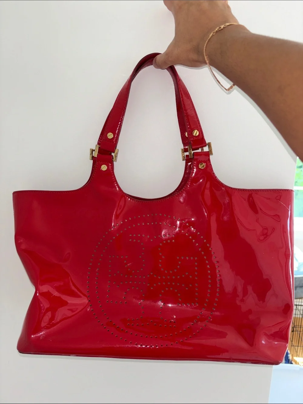 Tory Burch Red Patent Perforated Logo Tote